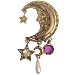 Delizza & Elster Juliana Gold Tone Crescent Moon Star Faux Pearl Brooch, M149